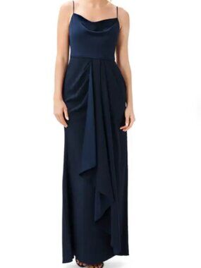 Adrianna Papell NavySatin Crepe Cowl Neck Gown Altered Bridesmaid Dress Size 14